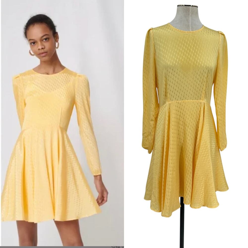 Maje Roseau Jacquard Skater Dress Long Sleeve Yellow Size 40 US Large